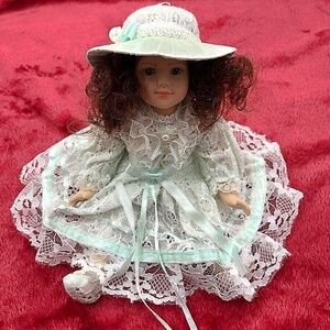 Vintage Porcelain Collector Victorian Doll Brown Curly Hair Green Eyes